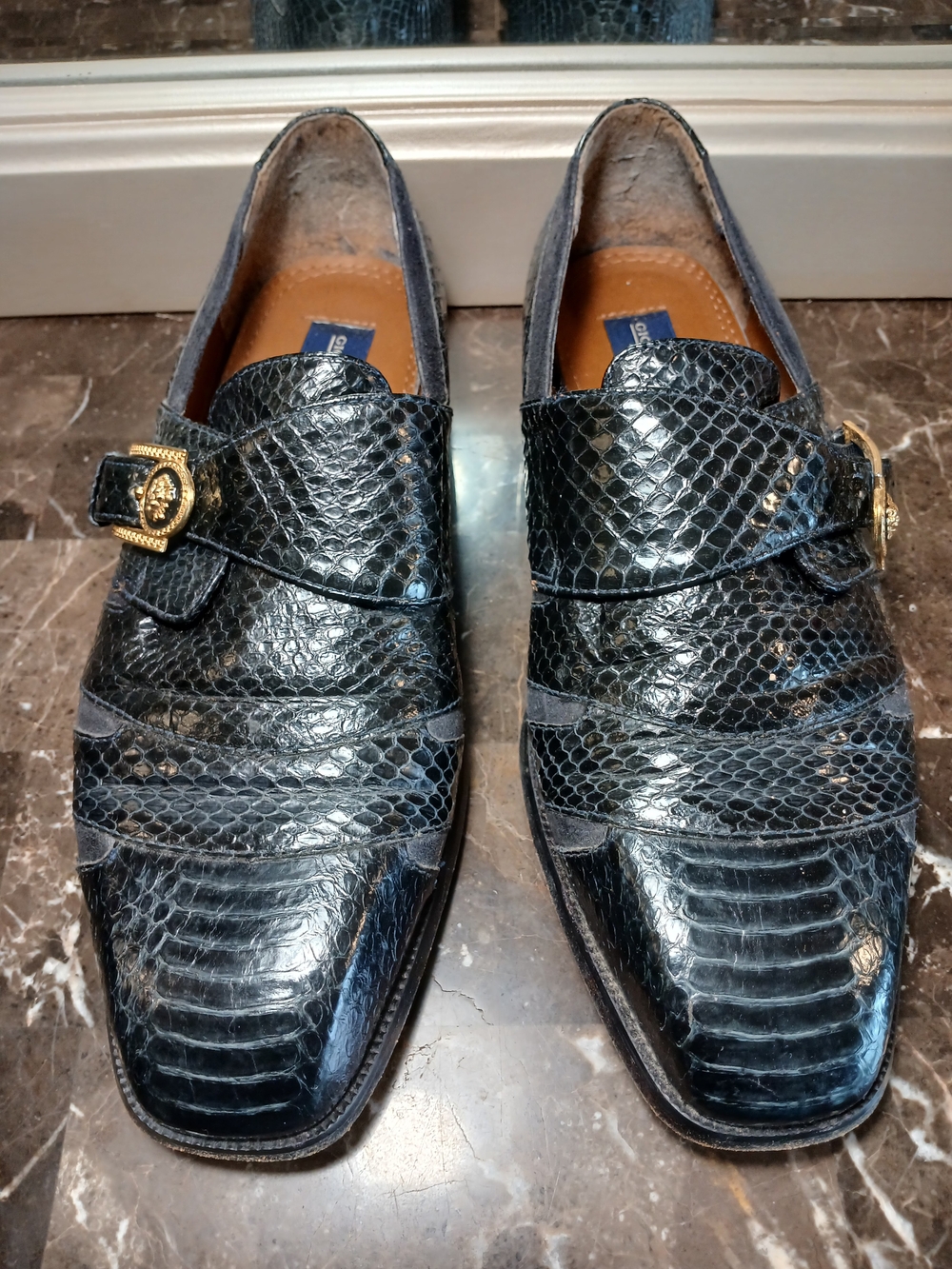 Giorgio Brutini Genuine Snakeskin Black Embossed Loafers with Gold Buckle